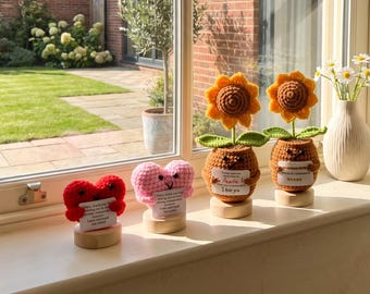 Gehaakte bloem in pot, gehaakte zonnebloem, handgemaakte bloem, bureaudecoratie, cadeau voor haar