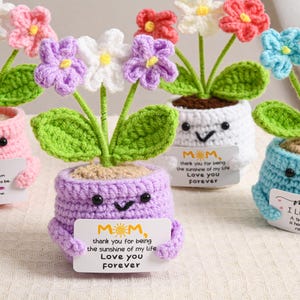 Puede incluir: Maceta de flores de ganchillo con una cara sonriente, en rosa, morado, blanco y azul, con hojas verdes y flores coloridas. Cada maceta sostiene una tarjeta con un mensaje. Un regalo hecho a mano para el Día de la Madre.