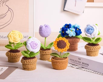Crocheted Mini Flower Pot, Yarn Potted Plant, Sunflower, Rose, Tulip Desk Decor