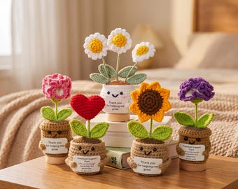 Handmade Crochet Flower Pot, Emotional Support Knitted Potted Plant, Thank You Gift