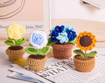 Crochet Potted Flowers, Handmade Yarn Sunflower, Rose, Tulip Desk Decor