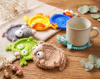 Handmade Crochet Animal Coasters, Funny Critter Drink Coasters, Desk Decor