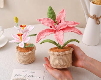 Handmade Crochet Lily Pot Plant, Yarn Flower Decor, Shelf Accent, Gift for Her