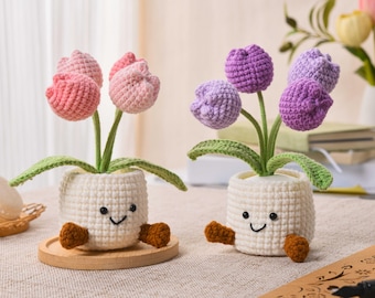 Handmade Tulip Flower Pot, Crochet Tulip Sunflower Flowers Pot, Cozy Desk Accessory