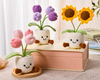 Handmade Crochet Tulip Flower Pot, Crochet Tulip Sunflower Flowers Pot, Office Desktop, Room Decoration