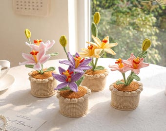 Handmade Crochet Lily Pot Plant, Yarn Floral Decor, Boho Desk Accent