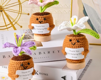Knitted Pot Lily Flowers, Handmade Crochet Potted Flowers, Desk Decor, Teacher Appreciation Gift