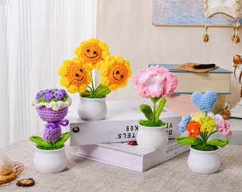 Handmade Crochet Potted Flowers, Forever Blooms Desk, Positive Crochet Flower Decor
