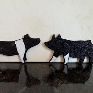 May include: Two black and white pig figurines. One pig has a white stripe around its body, while the other has white legs. The figurines are set against a neutral background, with a dark, reflective surface below.