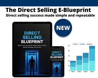 May include: Image of a tablet and smartphone displaying the text "DIRECT SELLING BLUEPRINT". The text "Build trust and boost income with a direct selling strategy that works" is also visible. A blue bar graph and a "NEW" badge are also present.