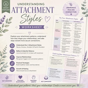 Może przedstawiać: Arkusz roboczy zatytułowany Understanding Attachment Styles zawierający tabelę czterech stylów przywiązania, wskazówki do dziennika dotyczące badania wzorców oraz ikony samoświadomości, zdrowszych relacji i rozwoju emocjonalnego.
