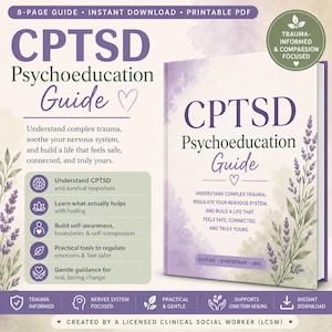 Könnte beinhalten: Ein 8-seitiger CPTSD-Psychoedukationsleitfaden als druckbares PDF mit violetten und grünen Aquarellakzenten und Lavendelillustrationen. Der Text enthält Understand complex trauma, soothe your nervous system, and build a life that feels safe.