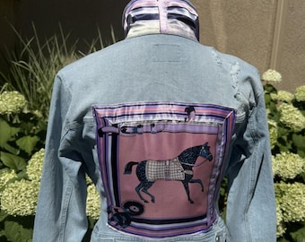 Vintage Blue Denim Jacket with Silk Scarf Horse Embellishment