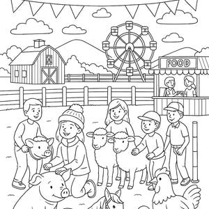 May include: Black and white illustration of a county fair scene. A banner reads "COUNTY FAIR". The image includes a Ferris wheel, barn, food stand, and various farm animals, including pigs, sheep, a horse, and a chicken. Children are interacting with the animals.
