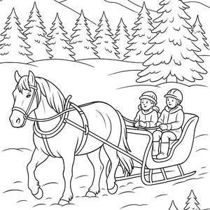 May include: Black and white illustration of a horse-drawn sleigh in a snowy landscape. Two people are seated in the sleigh, and the horse is pulling it through the snow. The background features pine trees and mountains.
