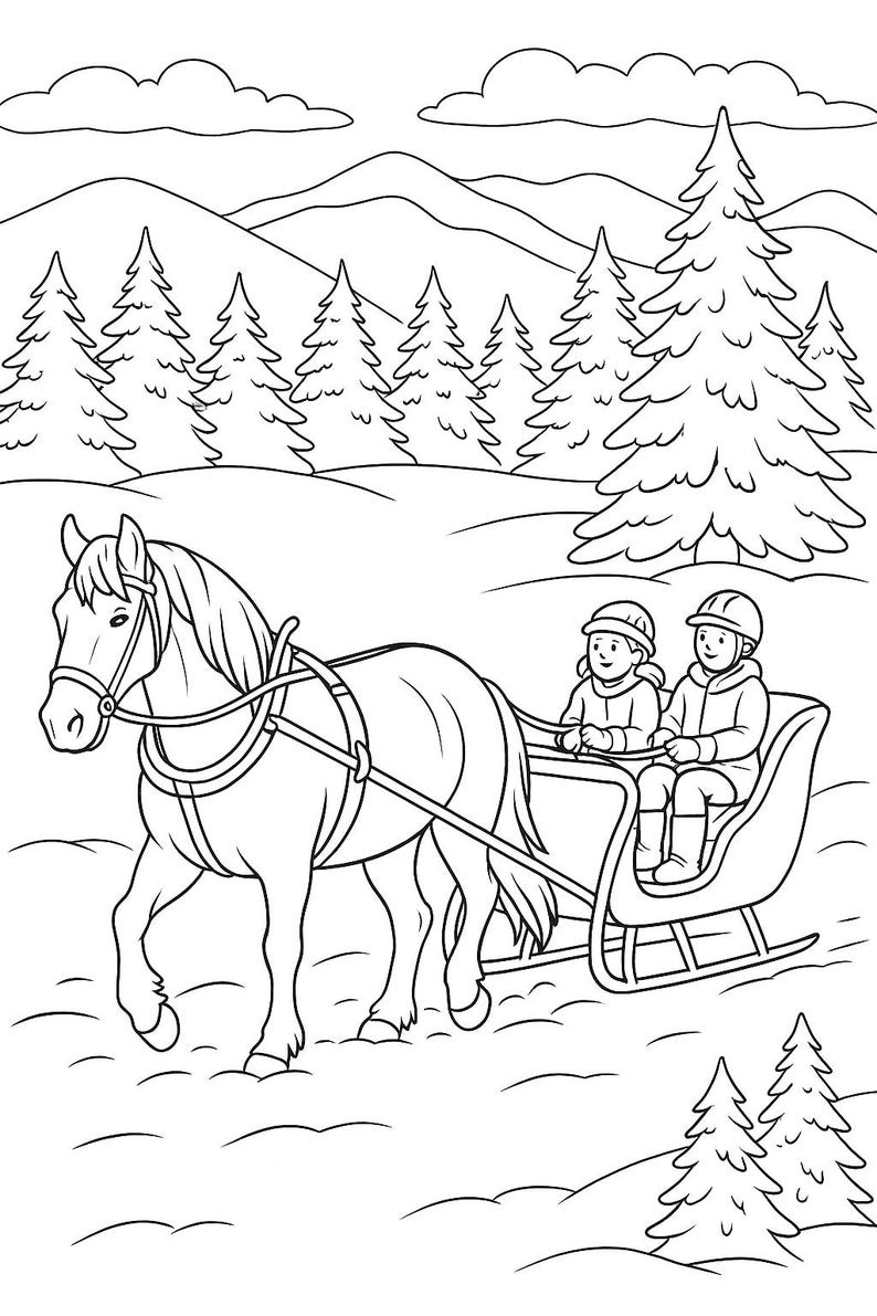 May include: Black and white illustration of a horse-drawn sleigh in a snowy landscape. Two people are seated in the sleigh, and the horse is pulling it through the snow. The background features pine trees and mountains.