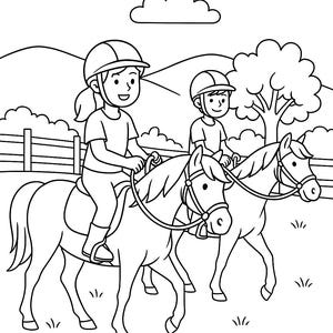 May include: Black and white illustration of two children riding horses. Both are wearing helmets and riding on a sunny day. The horses are in a field with a fence and a tree in the background.