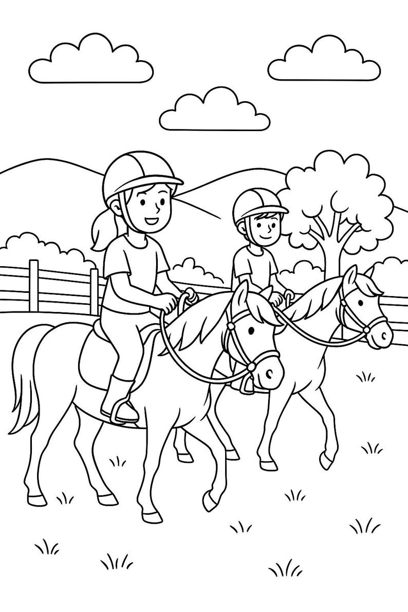 May include: Black and white illustration of two children riding horses. Both are wearing helmets and riding on a sunny day. The horses are in a field with a fence and a tree in the background.