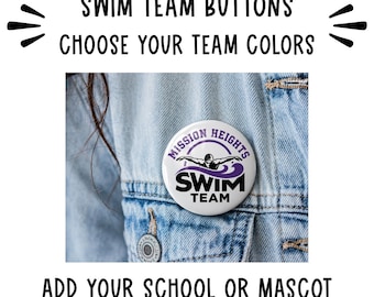 May include: A circular pin-back button featuring a graphic of a swimmer in purple and black. The text reads MISSION HEIGHTS SWIM TEAM. The button is attached to a light blue denim jacket. The image includes the text SWIM TEAM BUTTONS CHOOSE YOUR TEAM COLORS and ADD YOUR SCHOOL OR MASCOT.