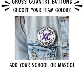 May include: A circular pinback button featuring the text "MISSION HEIGHTS CROSS COUNTRY" in black lettering around a central purple "XC" logo on a white background, attached to a light blue denim jacket with visible metal buttons and seams.