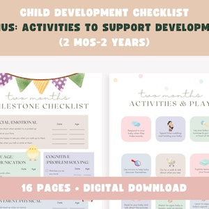May include: A digital download checklist for child development, featuring milestone checklists and activities for babies aged 2 months to 2 years. The design includes pastel colors, banners, and illustrations, with the text "Child Development Checklist".