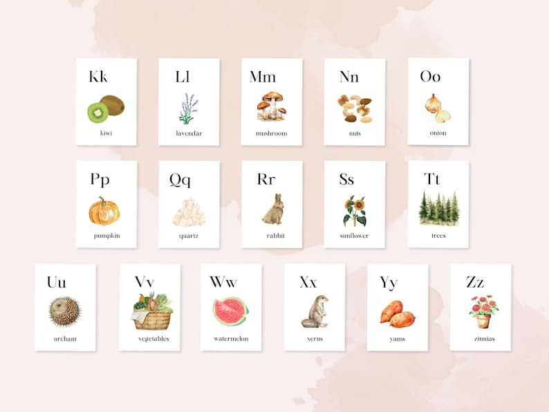 Watercolor Alphabet Flashcards | 26 Printable ABC Cards | Nature ...
