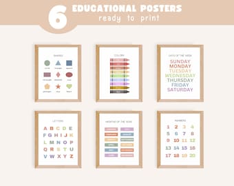 May include: Six educational posters with wooden frames. The posters display shapes, colors, days of the week, letters, months of the year, and numbers. The text "EDUCATIONAL POSTERS ready to print" is at the top.