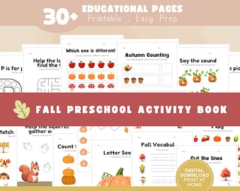 May include: A collection of printable educational activity pages for preschoolers featuring fall themes. The pages include counting exercises, letter tracing, matching games, and vocabulary tasks with illustrations of pumpkins, squirrels, and autumn leaves.