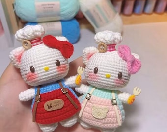 手編みかぎ針編みのかわいい猫シェフキーホルダー｜あみぐるみぬいぐるみ｜かわいいアニメバッグチャーム