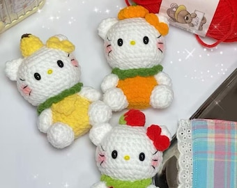 手編みかぎ針編みのかわいい猫ちゃんフルーティーメロディーキーホルダー｜あみぐるみぬいぐるみ｜かわいいアニメバッグチャーム