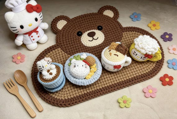 100% Handmade Crochet Hello Kitty Dinner Charm/ Keychain, Miniature Foodie Gifts, Amigurumi, Kawaii Keyring, Cute Bento Gift
