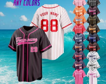 May include: Baseball jerseys in various colors, including black, white, pink, and blue, with pinstripes and the option to customize with a team name and number. The text "CUSTOM ANY COLORS" is displayed at the top.