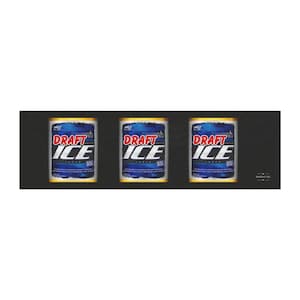 May include: Three cans of Draft Ice Lager are displayed against a black background. The cans are blue and white with gold trim, and the words "DRAFT ICE" are prominently featured in red. The background is dark and textured.