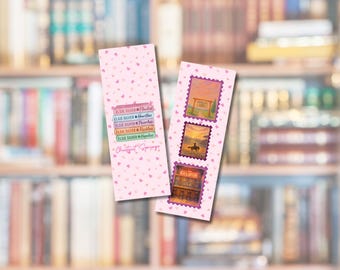 May include: Two pink bookmarks with a heart pattern. One bookmark has text that reads "Elixir Silver" and "Cherished Keepsakes". The other bookmark has three postage stamp-style images.