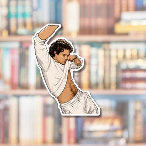 May include: A die-cut sticker featuring an illustration of a person with dark curly hair wearing a white long-sleeved shirt pulled up to reveal their midriff and white underwear with a visible waistband logo, posed with one arm raised.