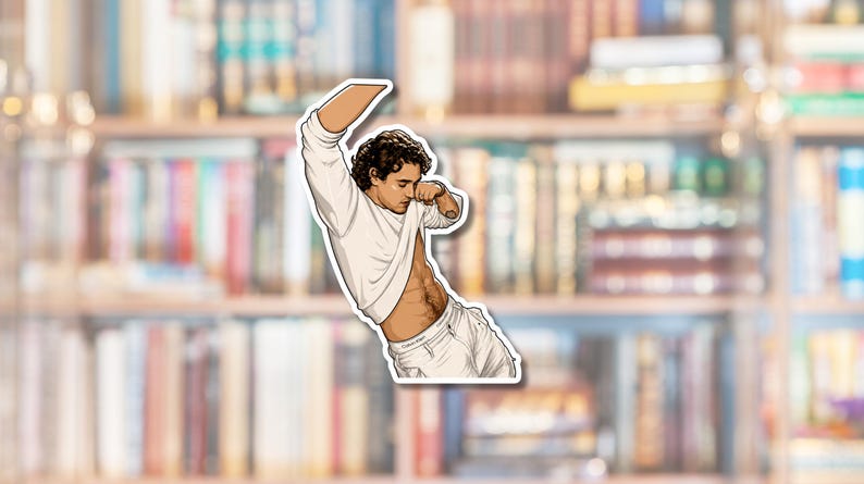 May include: A die-cut sticker featuring an illustration of a person with dark curly hair wearing a white long-sleeved shirt pulled up to reveal their midriff and white underwear with a visible waistband logo, posed with one arm raised.