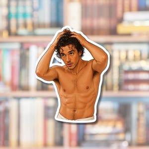 May include: A die-cut sticker featuring a digital illustration of a shirtless person with dark, curly hair and a defined physique. The figure is shown from the waist up, with both hands raised to touch their hair, set against a white border.