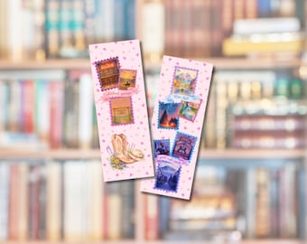 May include: Two pink bookmarks with a repeating heart pattern. Each bookmark features postage stamp-style illustrations of landscapes, buildings, and cowboy boots. The text on the bookmarks reads "Sweet Memories" and "Wild West".