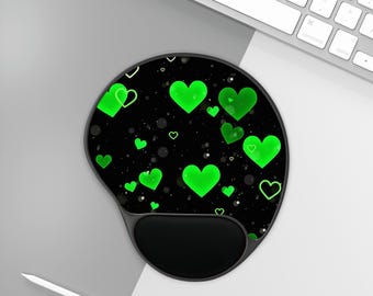 Neon Green Hearts Mouse Pad | Ergonomic Wrist Rest, Valentine Day Gift, Office Decor, Home Office, Gamer Girl