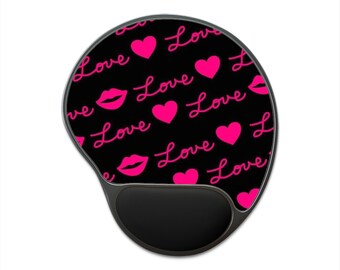 Pink Love Hearts and Lips Mouse Pad with Wrist Rest | Romanticize Life, Valentine Day Gift, Gif te, Office Mousepad, Gift For Her,
