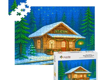 May include: A jigsaw puzzle depicting a snow-covered train station at night, surrounded by evergreen trees. The station has a sign that reads "STATION". The puzzle is partially assembled, with a box showing the completed image.