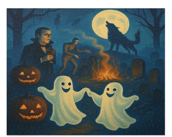 May include: A Halloween-themed jigsaw puzzle featuring a spooky scene with a full moon, a howling wolf, and various characters like a vampire, mummy, and ghosts. Two carved jack-o'-lanterns and a bonfire add to the eerie atmosphere.