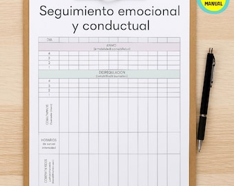 May include: A clipboard with a printed form titled "Seguimiento emocional y conductual" in Spanish. The form has sections for tracking emotional and behavioral data, with a black pen resting on the right side. A yellow and blue logo is in the top right corner.