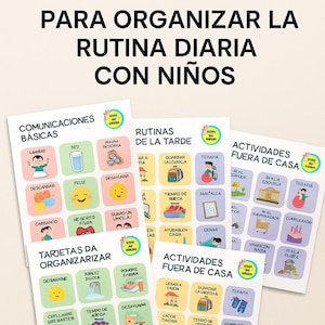 Può includere: Un set di carte colorate con illustrazioni e testo in spagnolo, progettate per aiutare i bambini a organizzare le loro routine quotidiane. Le carte presentano varie attività e richieste di comunicazione di base, come "mangiare", "felice" e "riposare".