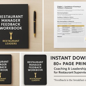 Può includere: Quaderno nero intitolato "Restaurant Manager Feedback Workbook" con un logo dorato a forma di forchetta e cravatta. Il testo "Restaurant Leaders" è sotto il logo. Sono visibili anche una guida stampata e una penna.