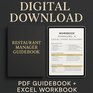 May include: A digital download graphic showing a black book labelled "Restaurant Manager Guidebook" and a tablet displaying a workbook for managing a casual dining restaurant. The text "Digital Download" and "PDF Guidebook + Excel Workbook" are also present.