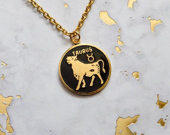 Vintage Enamel Taurus Necklace - Zodiac Jewelry - Vintage Enamel Charm - Astrology - Zodiac Necklace - Earth Sign - Enamel Necklace