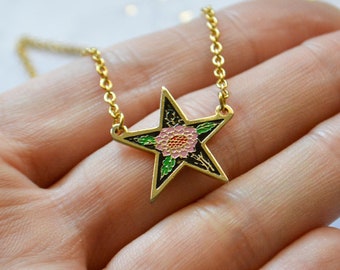 Vintage Enamel Star Necklace - Pink Dahlia - Black - Enamel Jewelry - Enamel Necklace - Vintage Enamel Charm - StarJewelry - Soft Enamel