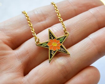 Vintage Enamel Star Necklace - Orange Flower - Black - Enamel Jewelry - Enamel Necklace - Vintage Enamel Charm - StarJewelry - Soft Enamel