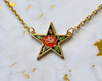 Vintage Enamel Star Necklace - Red Rose - Black - Enamel Jewelry - Enamel Necklace - Vintage Enamel Charm - StarJewelry - Soft Enamel